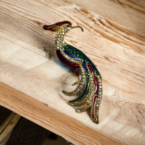 Jewelry - Vintage Peacock Brooch Pink Colorful Sparkling Gems Red Green Blue Enamel Large
